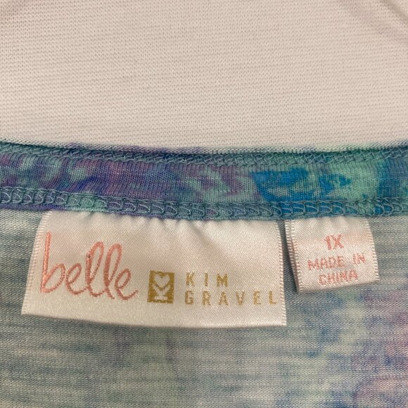 Belle by Kim Gravel size 1X Blue Purple Abstract V neck Stretch 3/4 Sleeve Top - Picture 2 of 10